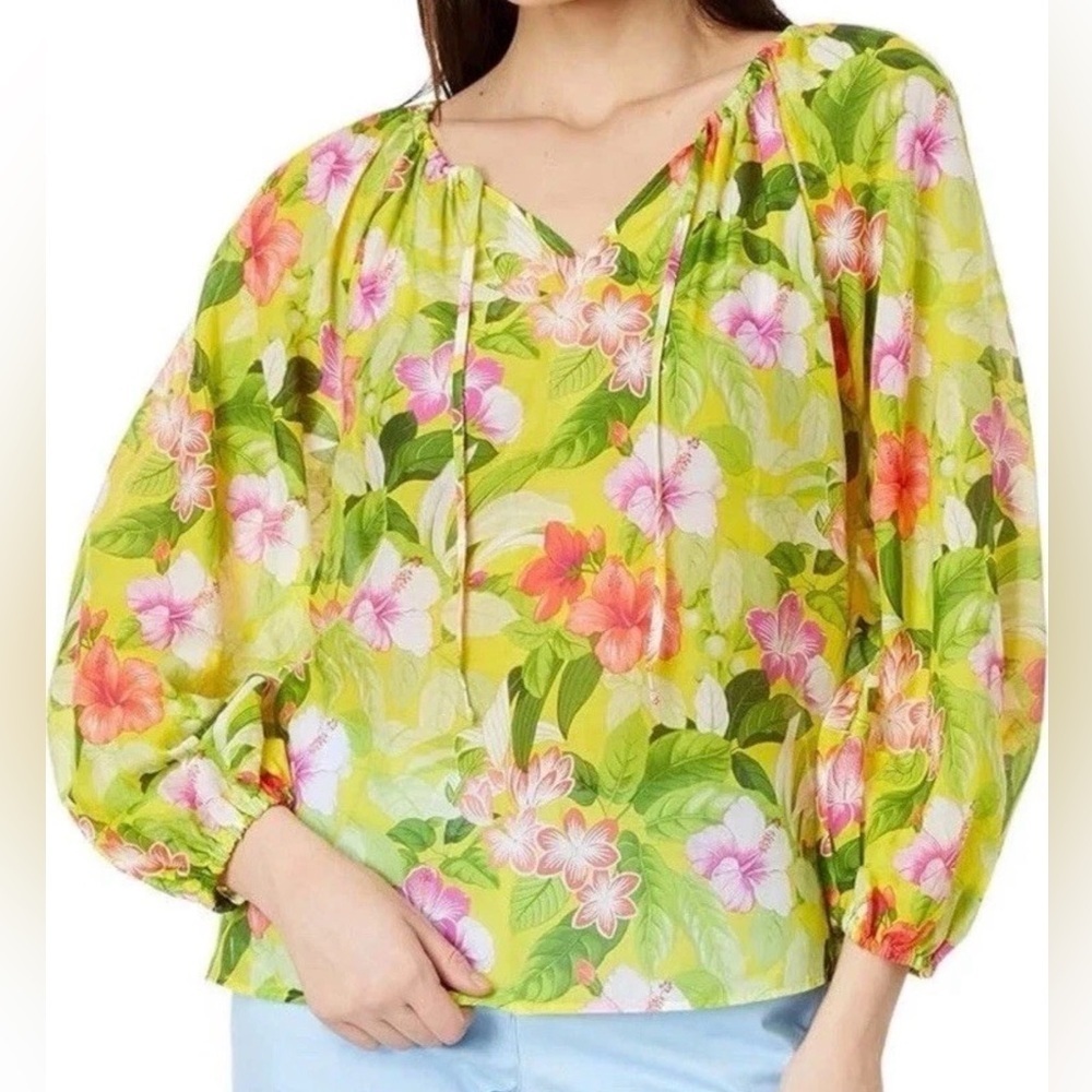 Tommy Bahama Small Happy Hour Flower Peasant Silk Blazing Yellow Top Blouse NWT